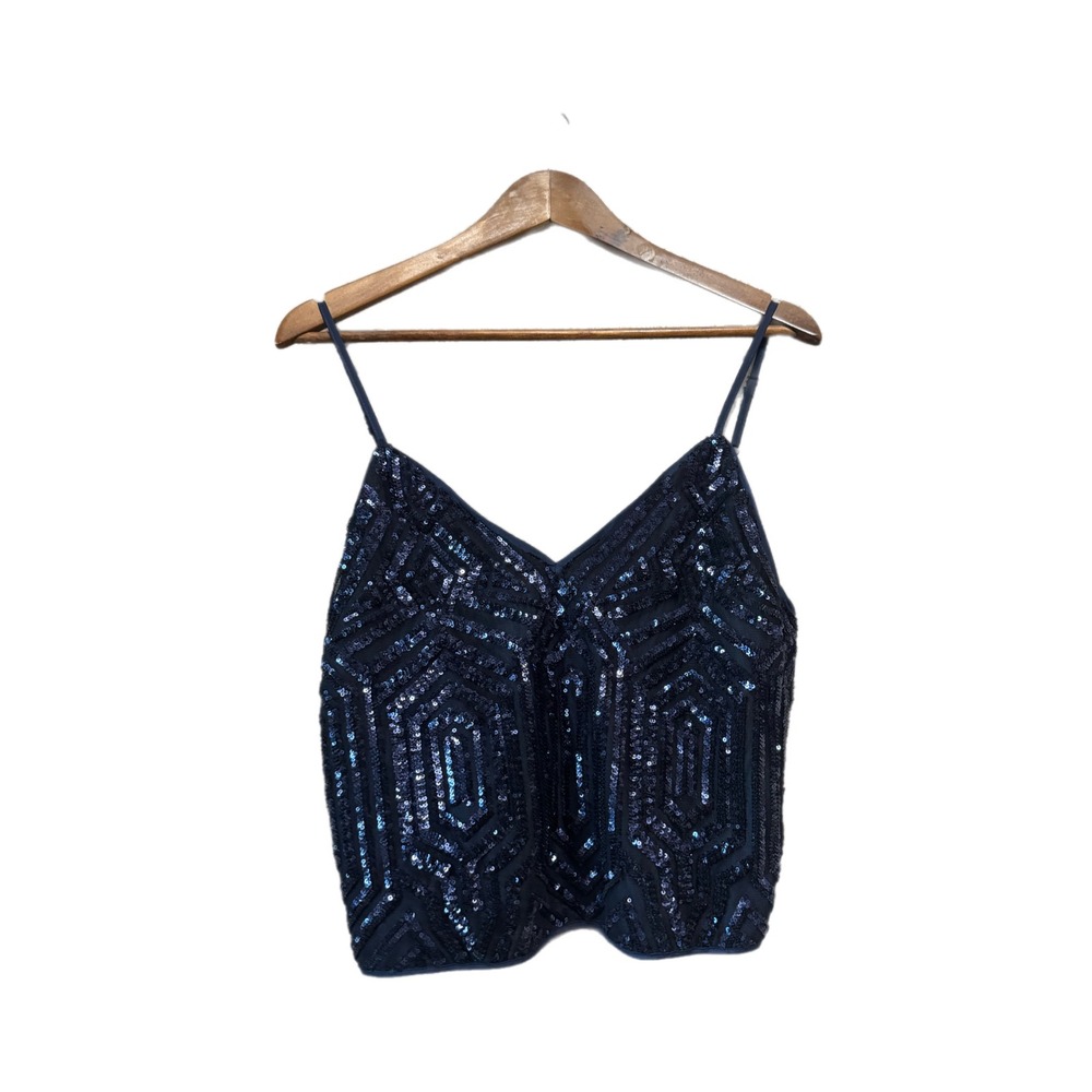 Forever 21 Sequin Cami Top Women Navy Blue Excellent Art Deco Geometric Crop